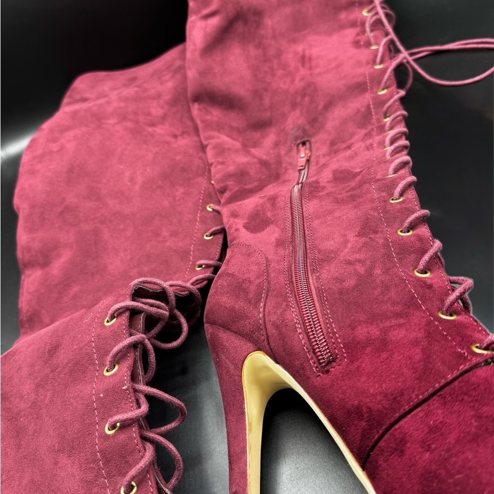 Burgundy Suede Lace-Up Platform High Heel Boots 7.5